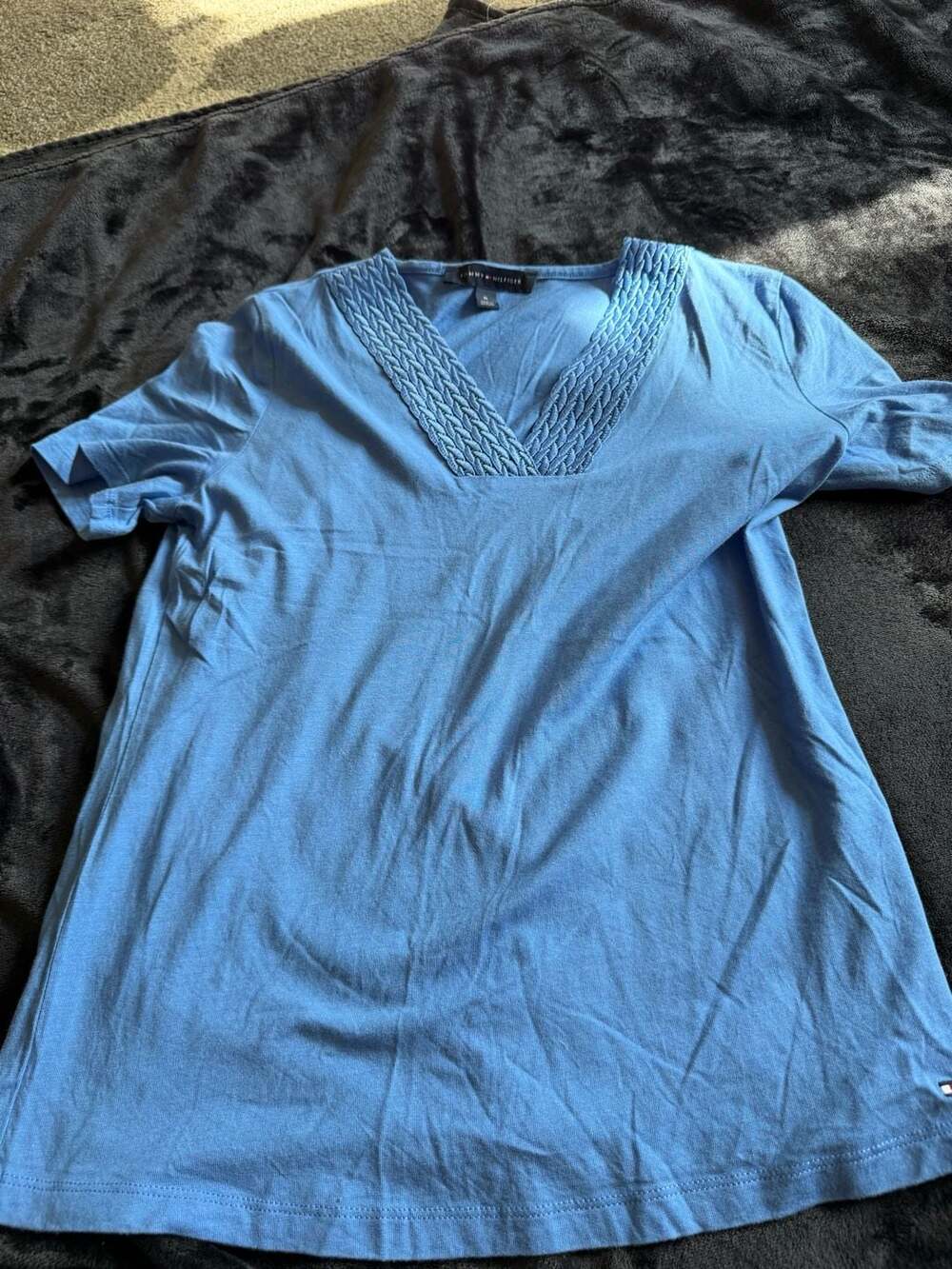 Tommy Hilfiger Short Sleeve V-Neck T-Shirt with Braided Trim Medium Blue